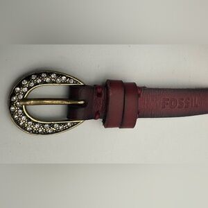 FOSSIL Leather BELT rhinestone C buckle CLARET RED 1/2” Wide Antique Brass S M